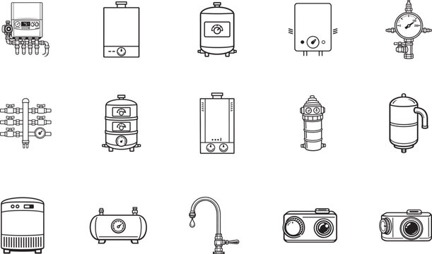 Monochrome boiler and HVAC installation icon collection for heating, cooling and ventilation systems.