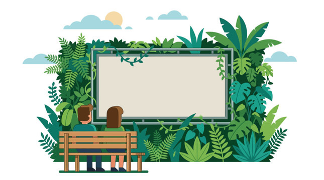 A man and a woman sitting on a park bench looking at a blank rectangular sign.