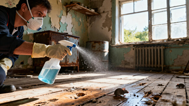 Safe Disinfection Procedure Preventing Hantavirus Infection. Public health prevention concept demonstrating proper disinfecting methods before cleaning rodent contaminated areas.