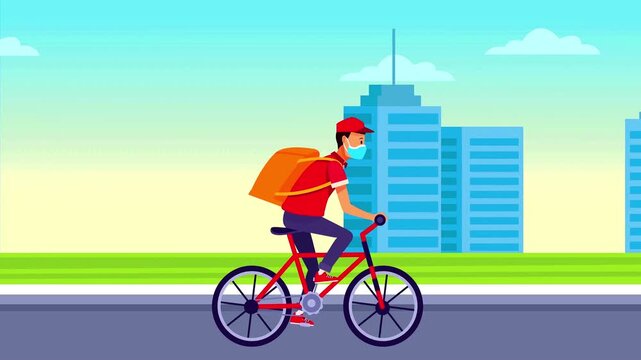 Delivery man wearing a face mask rides a bicycle through a big city with tall buildings in the background.