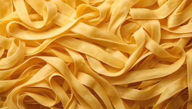 Close-up of uncooked fettuccine pasta laid out in a textured pattern on a wooden surface