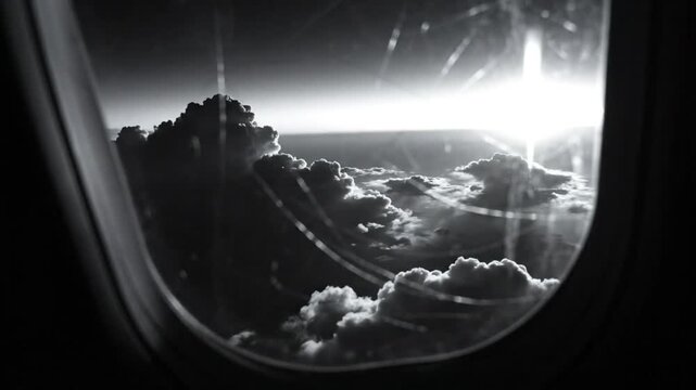 Black and white view through a cracked airplane window with sunrise behind cloud formations in the sky