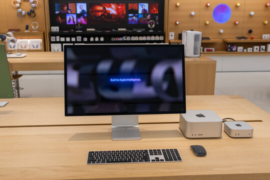 Mac Studio, Mac mini and Studio Display at an Apple Store. Mac mini is a value computer and the Mac Studio is a workstation.