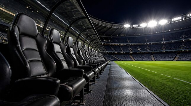 Empty benches and substitutes seats on the sidelines are illuminated by floodlights.