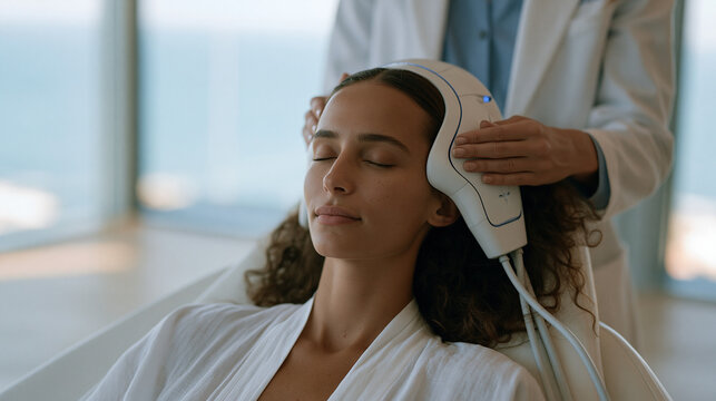 Psychiatrist positioning transcranial magnetic stimulation coil against a patient temple in a calm therapy suite, treatment-resistant depression protocol underway, the patient