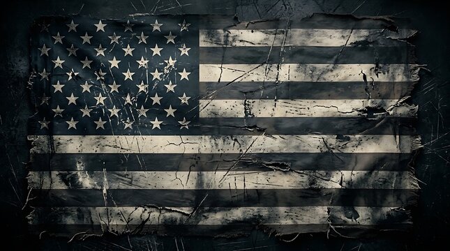A weathered, aged American flag with heavy grunge texture against a dark, moody backdrop.