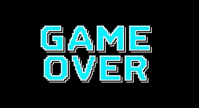 A retro pixel art game over screen with blue text on black background