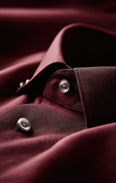 Close-up of a burgundy dress shirt, focusing on the collar and buttoned placket. Soft folds of fabric create a textural contrast