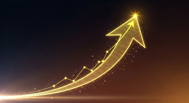 A dynamic upward arrow composed of glowing golden dots on a dark gradient backdrop.