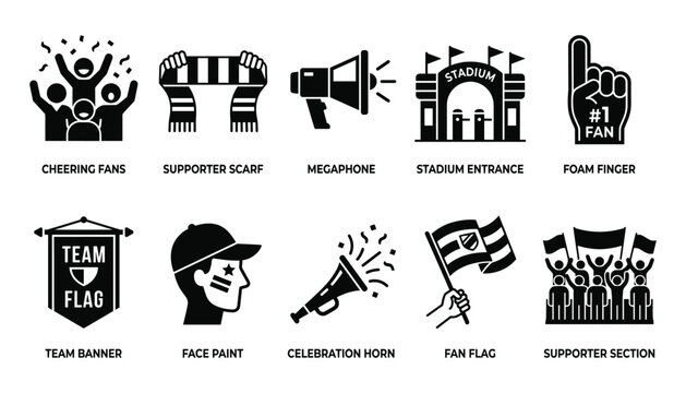 Sports fanatic collection vector icons representing stadium culture and enthusiastic support