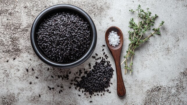 top down flat lay of a black ceramic bowl filled with black rice, a pile of scattered black rice next to it, a wooden spoon holding white rock salt, and a bunch of fresh thyme sprigs.