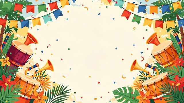 Colorful carnival celebration background with drums, flags, and confetti for Latin festival themed designs