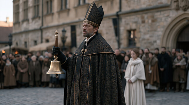 Stentor in full ceremonial regalia rings handbell on cobblestone market square outside medieval guild hall reciting official proclamation to assembled townspeople in woolen coats