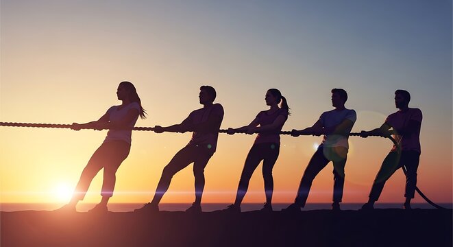 Silhouetted group collaborating by pulling a rope against a vibrant sunset sky