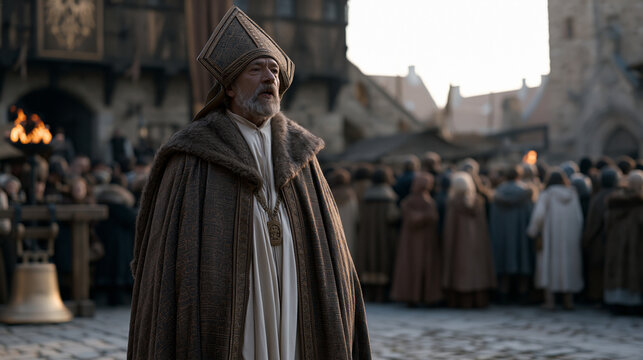 Stentor in full ceremonial regalia rings handbell on cobblestone market square outside medieval guild hall reciting official proclamation to assembled townspeople in woolen coats