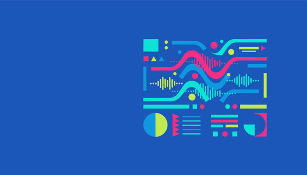 Abstract digital sound wave visualization with geometric shapes and data charts on a blue background