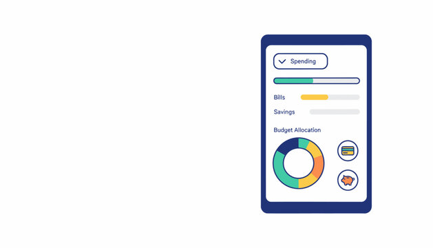 Financial planning app interface on a tablet showing budget allocation, spending, and savings with charts and icons