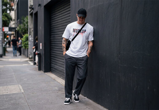 Male Tshirt Mockup on Outdoor Street