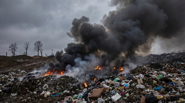 A smoky landfill site emits dark smoke and fire, highlighting pressing environmental issues of waste management.