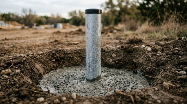Metal post set in wet concrete foundation in a hole in the ground. Construction process for building fence or pole structure. Industrial site engineering and base installation work.