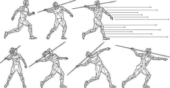 Javelin Throw Track and Field Sport Vector Illustration Set with Geometric Low Poly Mesh Athlete Characters Running Aiming and Launching Spears