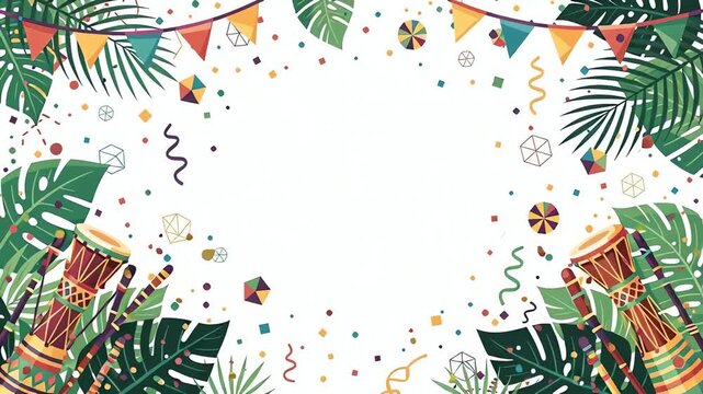 Festive Latin carnival illustration featuring vibrant drums, banners, and celebration decorations on green backdrop