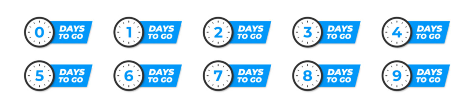 Countdown of days to go. Badge time left. Number 1, 2, 3, 4, 5, 6, 7, 8, 9, 0. Editable stroke.