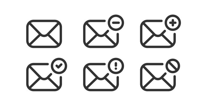 Mail icon. Envelope sign. Send letter message. Email plus, minus, block, check mark. Editable stroke.