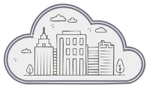 City skyline in a cloud outline vector illustration featuring various buildings, trees, and fluffy clouds, a concept drawing