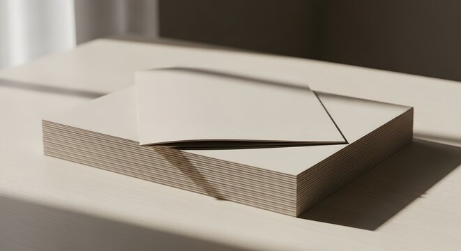 A stack of blank beige cards with a single card placed on top, casting a shadow