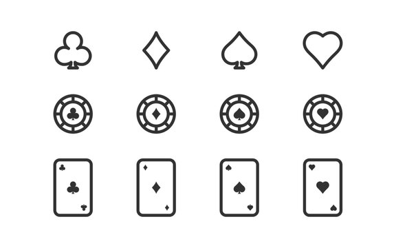 Suit deck of poker card. Casino gambling. Diamond ace and chips. Blackjack game. Editable stroke.