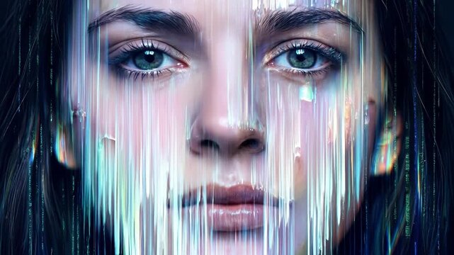 Digital glitch effect obscuring face of young woman. Abstract representation of data privacy and cyber identity. Close-up shot with vertical camera tilting.