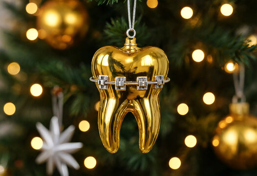 Golden tooth ornament with braces hanging on Christmas tree dental