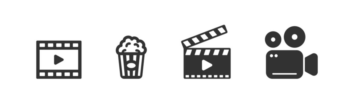 Cinema icon set. Ticket to watch video or theatre show with popcorn. Cinema equipment. Editable stroke.