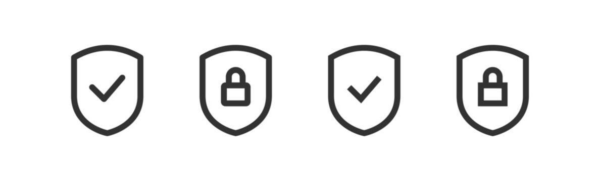 Shield with checkmark and lock icon set. Protection symbol. Safety badge. Editable stroke.