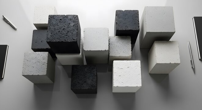 A collection of light and dark grey concrete cubes arranged in a visually appealing composition