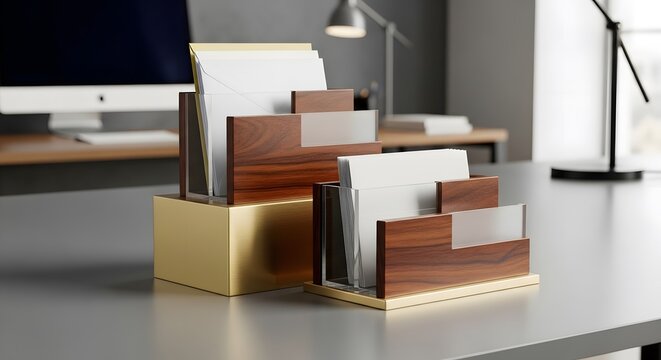 Stylish wooden and brass desk organizer with papers and a computer monitor in the background