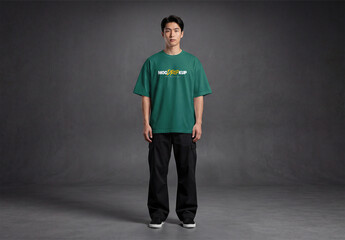 T-Shirt Mockup with Model on Black Wall