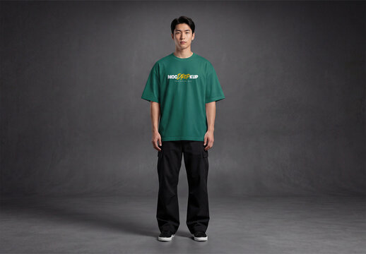 T-Shirt Mockup with Model on Black Wall