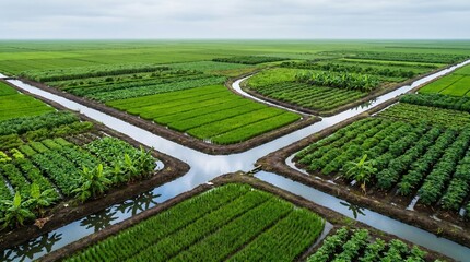 Naklejka premium Aerial view of green agricultural farmland with irrigation canals