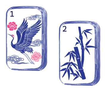 Classic Chinese mahjong tiles illustration with blue and white ceramic pattern featuring crane bird with pine tree and two bamboos suit design isolated on white background.