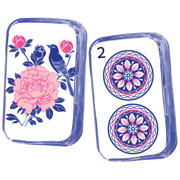 Traditional oriental mahjong tiles artwork with blue and white porcelain style featuring peony flower with bird painting and two dots circles tile isolated on white background.