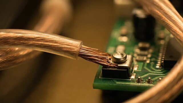 Macro video showing detailed close-ups of a green printed circuit board with thick copper wires connected to its terminals, highlighting the intricate electrical connections.