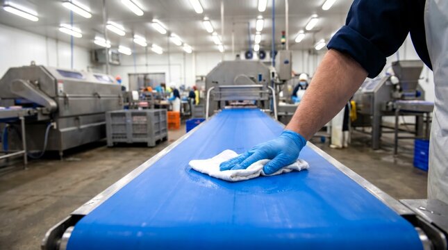Food worker wearing blue nitrile gloves wipes down a long blue industrial conveyor belt surface area.