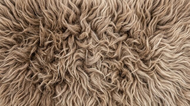 Closeup of a luxurious brown sheepskin rug with soft curly texture.
