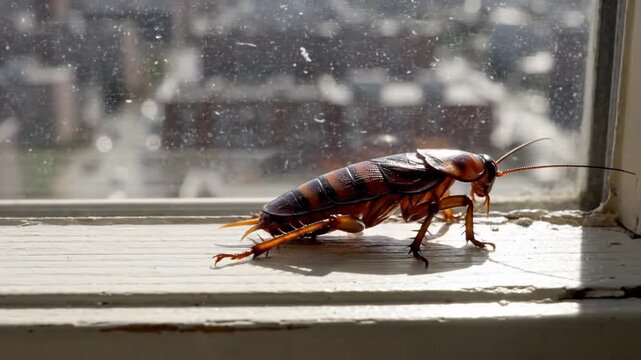 A large brown and orange striped cockroach crawls on a dirty windowsill in daylight