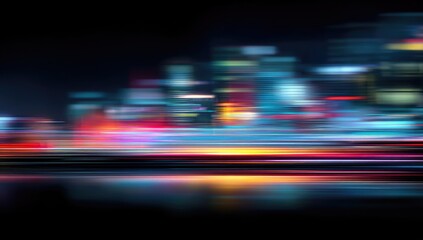 Fototapeta premium A vibrant, blurred cityscape at night with streaks of light, creating an abstract and dynamic visual. The dark background enhances the colorful lights