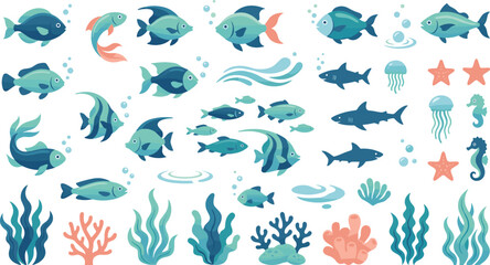 cartoon sea fish and underwater plants collection ocean marine life coral reef elements set ai generated isolated vector © Sujon Shah