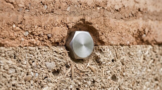 Anclaje industrial en muro de construcci&oacute;n compuesto de tierra apisonada y hormig&oacute;n de c&aacute;&ntilde;amo