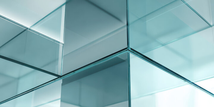 Modern Corporate Glass Cubes with Geometric Transparency and Reflective Surfaces
